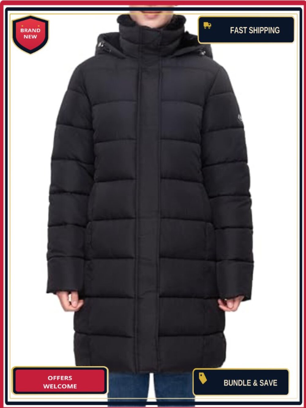 Water-Resistant Long Quilted Jacket with Faux Fur Lined Hood